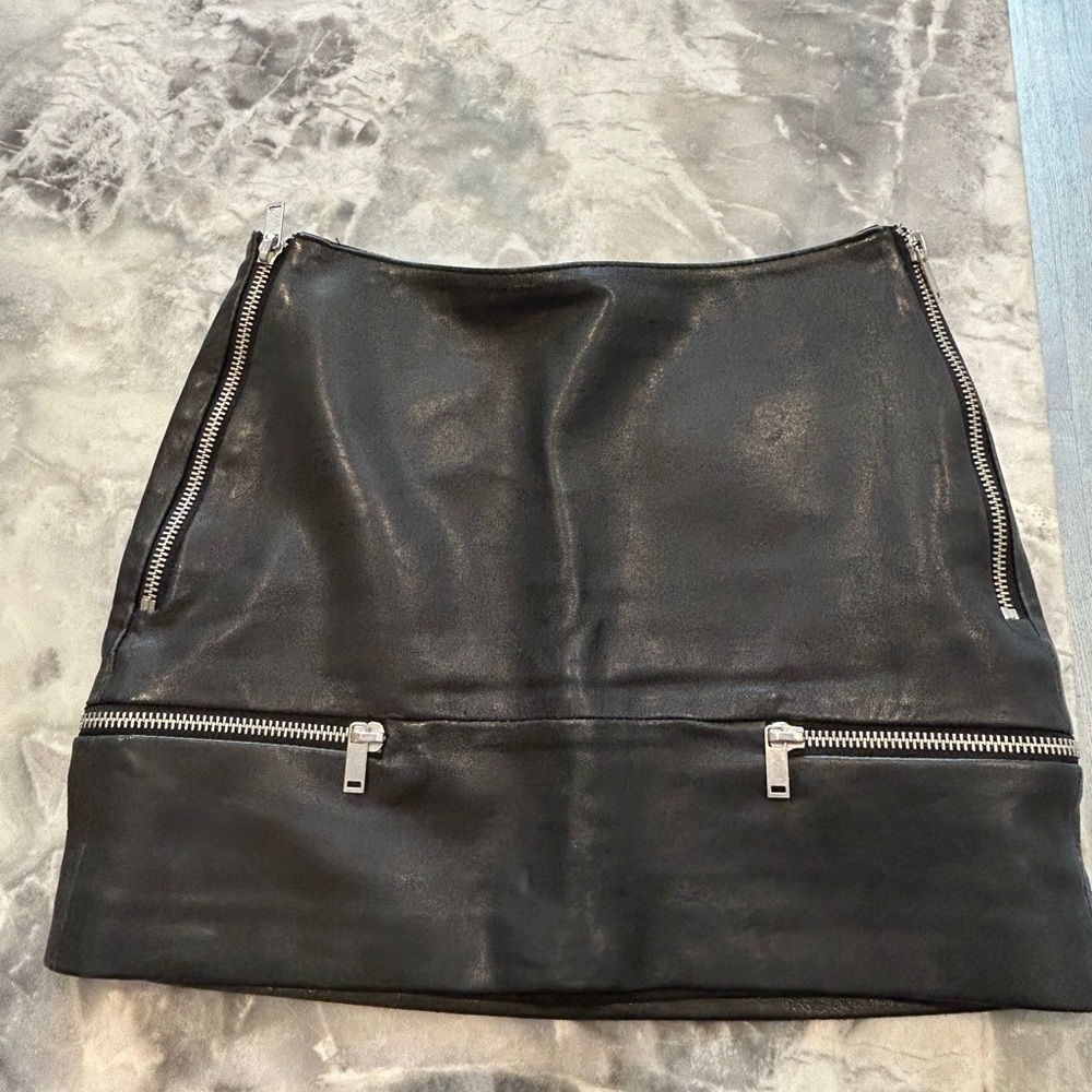 Zara Black Leather  Mini Skirt with Metallic Zippers